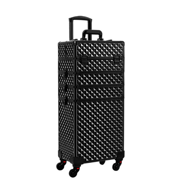 Black – 4 in 1 Makeup Rolling Train Case Aluminum Trolley Professional Cosmetic Organizer Box