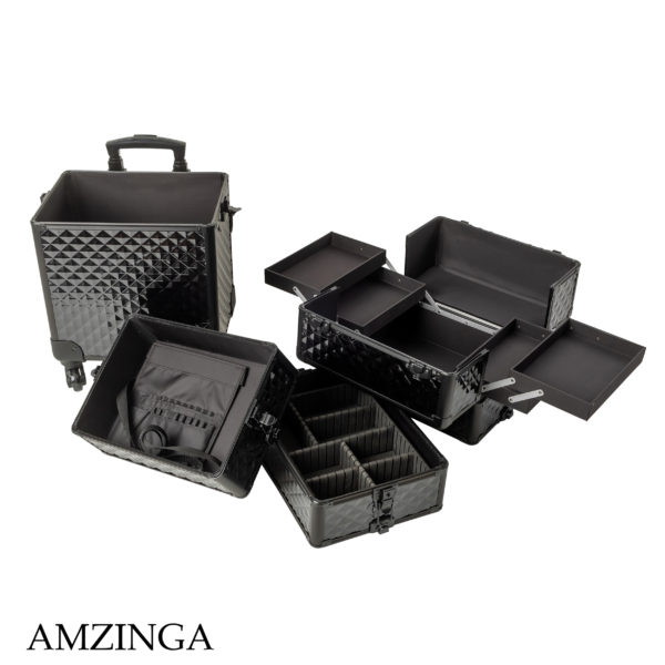 Black – 4 in 1 Makeup Rolling Train Case Aluminum Trolley Professional Cosmetic Organizer Box