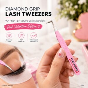 Lash Tweezers for Eyelash Extensions, Diamond Grip 90 Degree Fiber Tip Volume Lash Extension Tweezers Pink Tweezer Valentine 2
