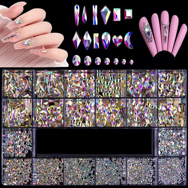 AB Crystal Nail Rhinestones, HOINCO Mix 20 Styles Flatback Rhinestone, 12 Types of 600 Diamonds + 2500 Round Beads, Crystals 3D Flat Back Gemstones for Nail DIY Crafts with Tweezers Pen (3100Pcs)