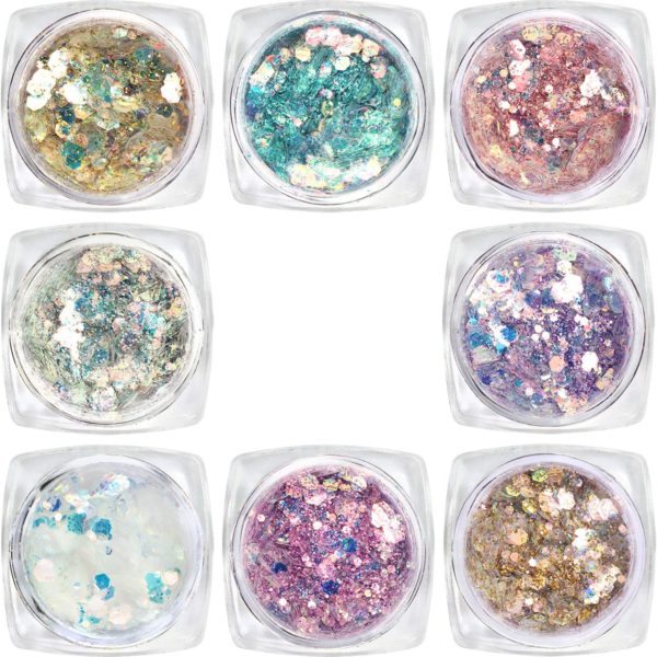Laza 8 Color Glitter Nail Art Acrylic Nails Powder Mixed Polish Chunky Sequins Iridescent Flakes Ultra-Thin Paillette Sparkles Tips for Festival Arts Face Eyes Body