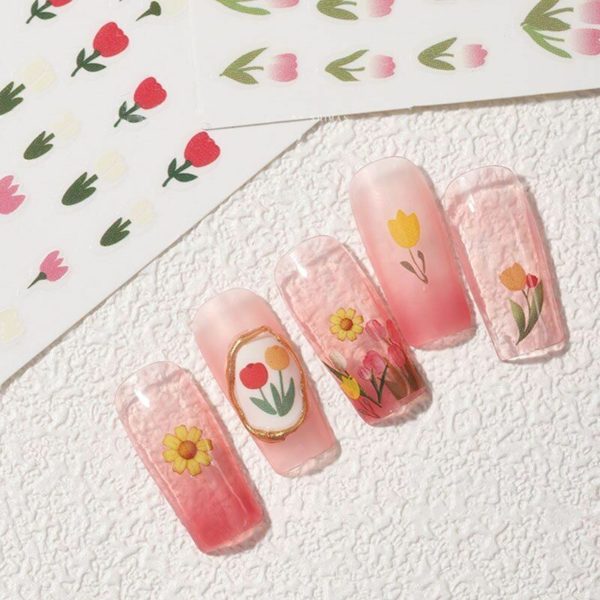 Colorful Florals Tulip Flower 3D Nail Art Sticker Spring Elegant Pink Nail Decal 6Sheet