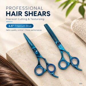 Professional Hair Cutting Scissors Set - Thinning/Texturizing Shears Set - 6.5” Overall Length, Razor Edge Barber Scissors For Men & Women - Premium Shears For Salon & Home Use (Titanium Blue)