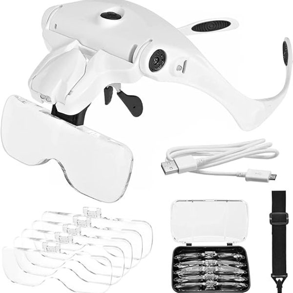 Head Magnifier with 5 LED Lights, Rechargeable Headband Magnifying Glass with 5 Interchangeable 1.2X, 1.8X, 2.5X, 3.5X, 4.5X Lenses, Great Magnifying Glasses for Jewelry, Arts and Crafts