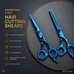 Professional Hair Scissors, Japanese 420 Stainless Steel-Barber Hair Cutting Texturizing Thinning Razor Edge Series Teeth Shears For Men/Women/Kids/Salon & Home-6.5″ Overall Length ( Titanium Blue)