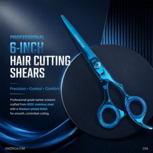 Professional Hair Scissors, Japanese 420 Stainless Steel-Barber Hair Cutting Texturizing Thinning Razor Edge Series Teeth Shears For Men/Women/Kids/Salon & Home-6.5″ Overall Length ( Titanium Blue)