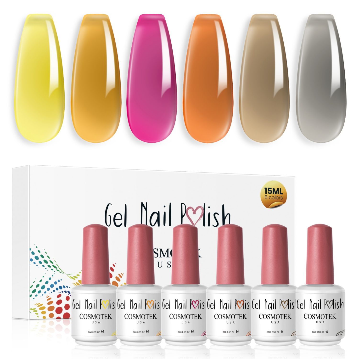 Jelly Gel Nail Polish Set of 6 Colors  yellow, orange, brown, grey..  Nude Gel Polish Kit UV LED Soak Off Polish Home DIY Manicure Nail Salon Varnish 15ML - JG6-41