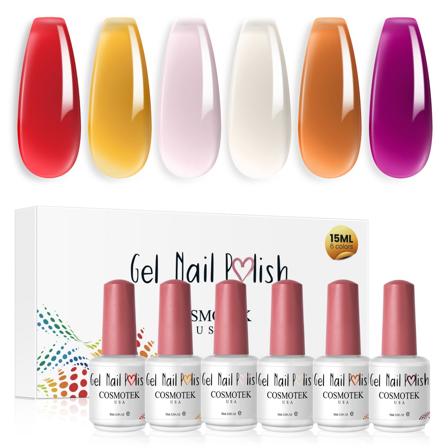 Jelly Gel Nail Polish Set of 6 Colors Including Yellow, Pink Nude, red, orange, purple, white... Gel Polish Kit UV LED Soak Off Polish Home DIY Manicure Nail Salon Varnish 15 ML - JG6-39