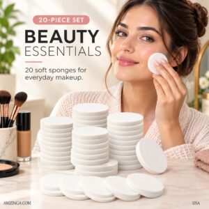 20Pcs Makeup Sponge Facial Powder Puff Wet and Dry Dual Use, Cosmetics Blush Applicators Round Sponges Foundation, White