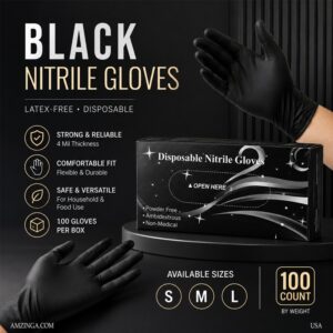 BLACK Nitrile Gloves, size S,M,L 4mil-100 Count, Gloves Disposable Latex Free, Disposable Gloves for Household, Food safe