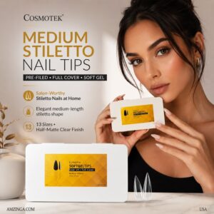 Cosmotek Medium Stiletto shape Nail Tips Pre-Filed Full Cover Soft Gel x Nail Tips 13 Sizes On Nails Tips Half Matte Clear Fake Nails for Acrylic Nails Soak Off Home