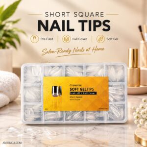 Cosmotek Short Square shape Nail Tips Pre-Filed Full Cover Soft Gel x Nail Tips 14 Sizes On Nails Tips Half Matte Clear Fake Nails for Acrylic Nails Soak Off Home