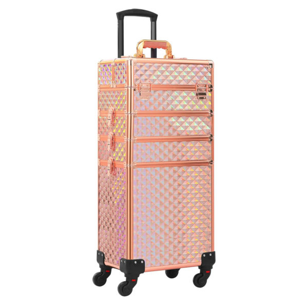 Makeup Rolling Train Case 4-In-1 Professional Artist Trolley Cosmetic Organizer With 2 Wheels Durable Aluminum Frame Folding Trays And Locks ROSE GOLD