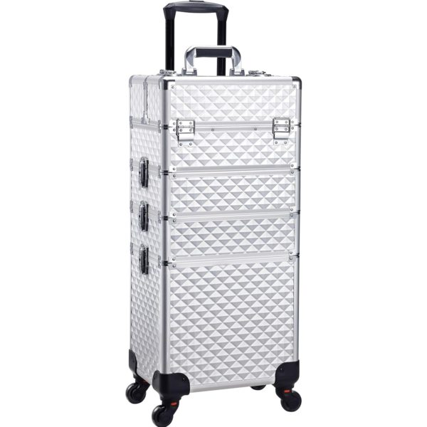Makeup Rolling Train Case 4-in-1 Professional Artist Trolley Cosmetic Organizer with 2 Wheels Durable Aluminum Frame Folding Trays and Locks Silver