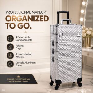 Makeup Rolling Train Case 4-in-1 Professional Artist Trolley Cosmetic Organizer with 2 Wheels Durable Aluminum Frame Folding Trays and Locks Silver