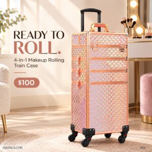 Makeup Rolling Train Case 4-In-1 Professional Artist Trolley Cosmetic Organizer With 2 Wheels Durable Aluminum Frame Folding Trays And Locks ROSE GOLD