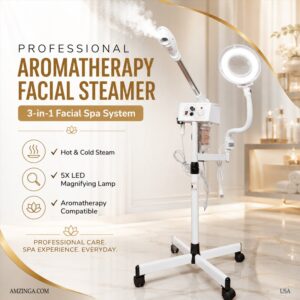 Professional Aromatherapy Facial Steamer 3 in 1 for Face with Hot & Cold Nozzle 5X LED Magnifying Lamp Facial Steamer for Esthetician Beauty Face Equipment Use at Home or Salon
