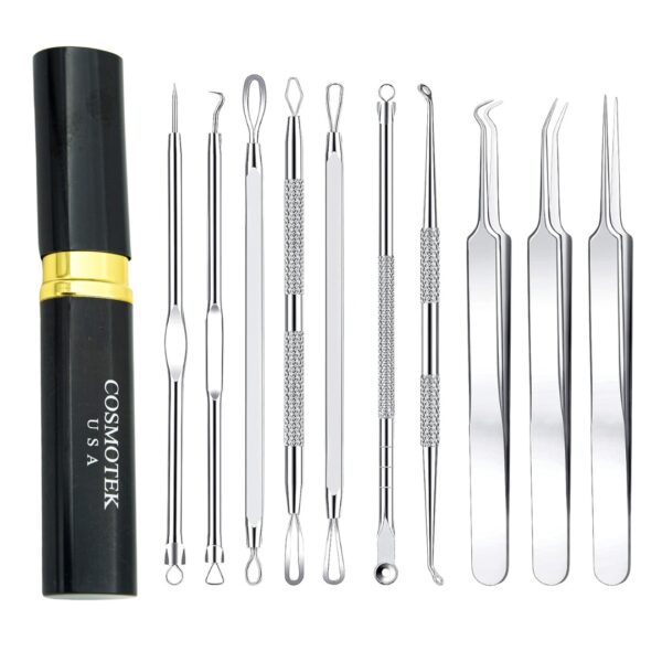 Pimple Popper Tool Kit, Cosmotek 10 PCS Professional Stainless Steel Blackhead Remover Comedone Extractor Tools for Removing Zit on Face – Acne Removal Kit with Metal Case (Silver)