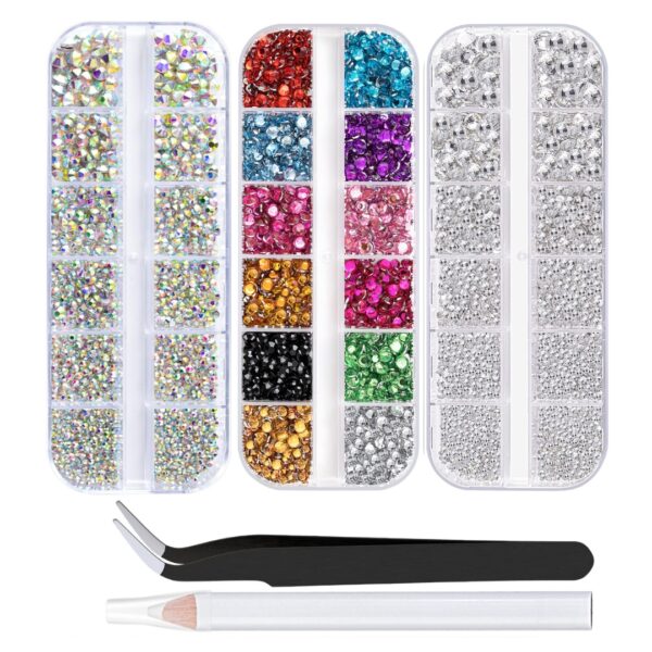 3 Packs of Flatback Rhinestones  Rainbow Gems Crystal Nail Rhinestones for Crafting, Colorful+ AB+Transparent White Rhinestones for Bedazzling with Picker Tools for Nail Art and Face Makeup by Bonita Crown