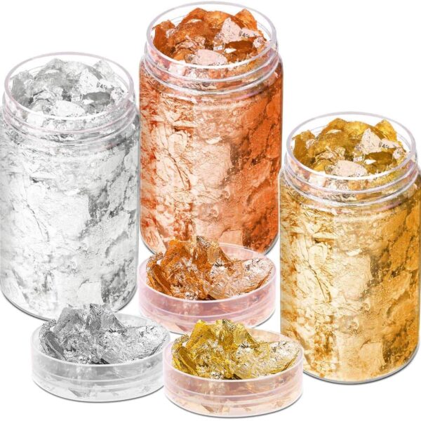 Gold Foil Flakes for Resin, 3 Bottles Gilding Flakes Metallic Foil Flakes with Tweezers for Nails,Painting,Crafts,Slime (Gold,Silver,Copper Colors)