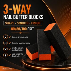 3-Way Nail Buffer Blocks – 80/80/100 Grit Black & Orange Sanding Buffers for Acrylic & Gel Nails, Professional Nail Buffers for Salon & Home Use (Pack of 10)