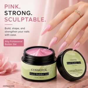 Cosmotek Hard Builder Gel – Pink 60g UV/LED Sculpture Gel for Nail Extensions, 10-in-1 Manicure Strengthener, Thickening Gel, Professional Salon & DIY Nail Art (Pink Color)