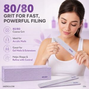 80/80 Grit Nail Files 25 Pack – Professional Double-Sided Emery Boards for Acrylic Nails, Gel Nails & Extensions – Heavy Coarse Nail File, Reusable, Washable, Salon Manicure Tools