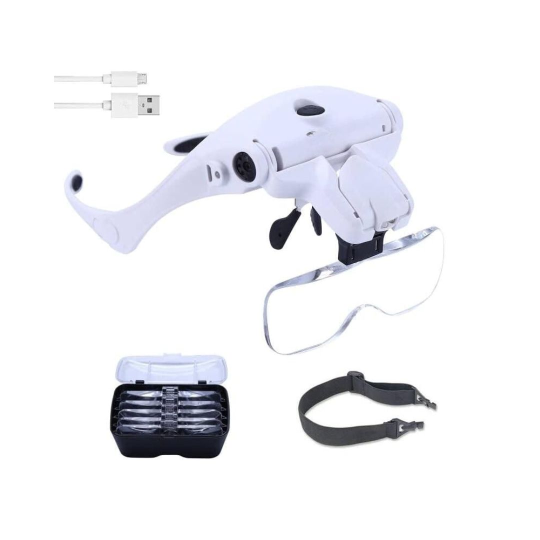 Rechargeable LED Magnifier Glasses – 1.0X to 3.5X Interchangeable Lenses, Headband & Eyeglasses Bracket, Hands-Free Magnifying Glass with 2 LED Lights for Professionals & Hobbyists