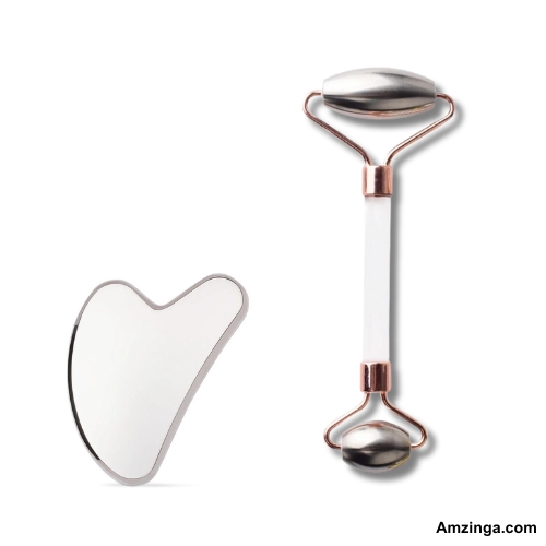 2-in-1 Jade Roller and Gua Sha Set. Rose Quartz Roller with Eye Massager, Ridged Roller For Face Real 100% Jade Stone Roller. Facial Massager Ice Roller