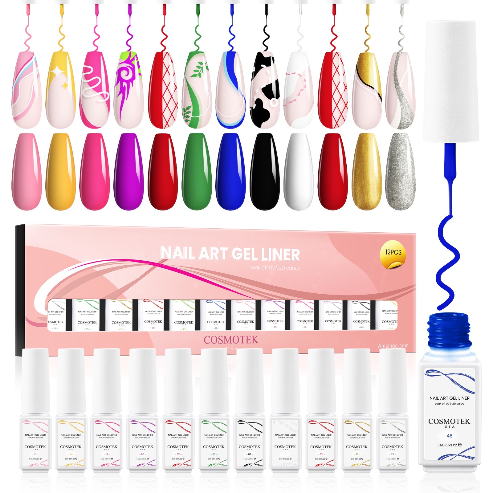 Gel Polish Nail Art Gel Liner Nail Polish Set Gel Art Paint Swirl Nails Bright Girly Color Built Thin Nail Art Brush In Bottle Gel Soak Off Led Nail Gel Kit For Women Girls (12-01)