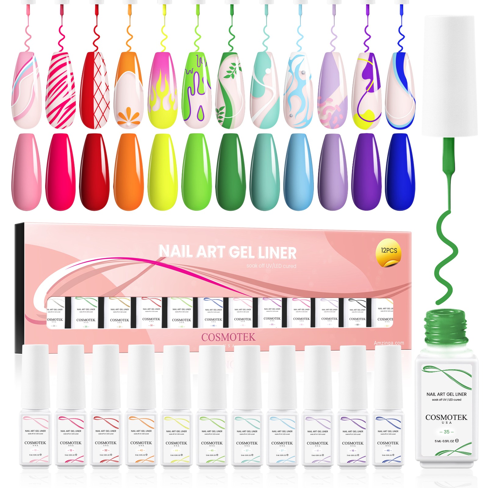 Gel Polish Nail Art Gel Liner Nail Polish Set Gel Art Paint Swirl Nails Bright Girly Color Built Thin Nail Art Brush in Bottle Gel Soak Off Led Nail Gel Kit for Women Girls (12-02)