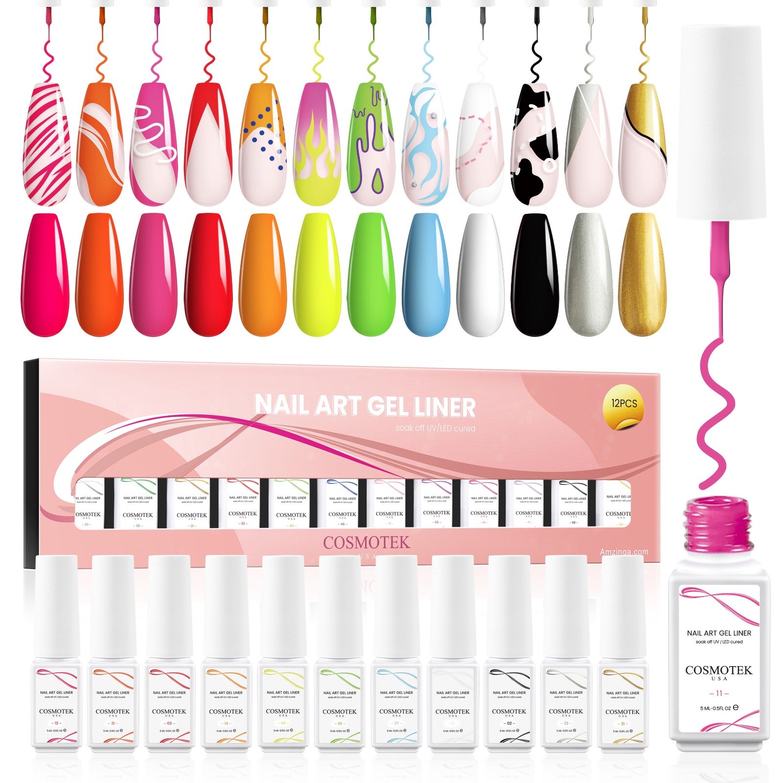 Gel Polish Nail Art Gel Liner Nail Polish Set Gel Art Paint Swirl Nails Bright Girly Color Built Thin Nail Art Brush in Bottle Gel Soak Off Led Nail Gel Kit for Women Girls (12-03)