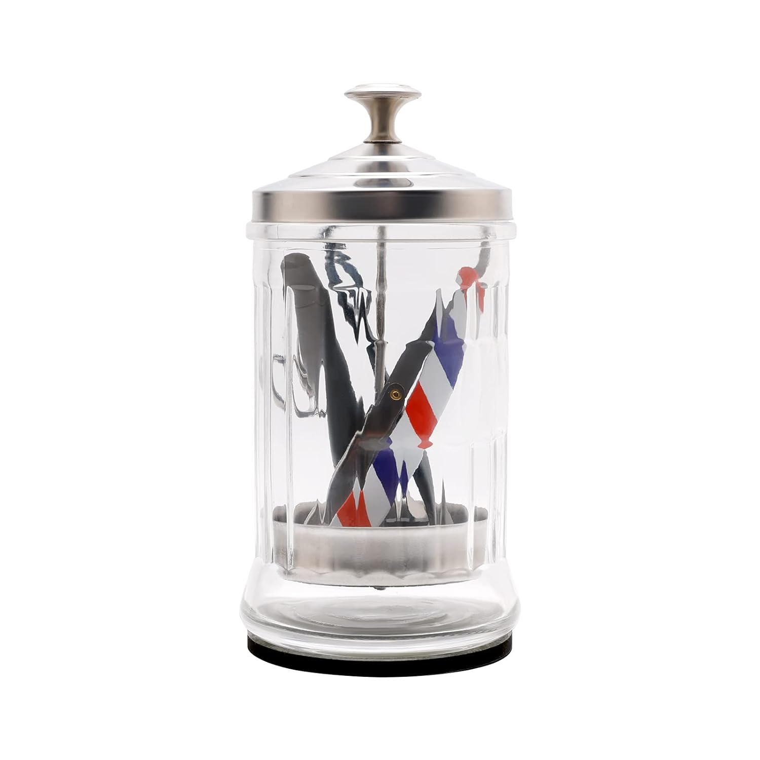 Disinfectant Jar (21oz) - Barber Jar Glass, Sanitizer Disinfectant Glass Jar, Barber Disinfectant Jar, Implement Disinfectant Container w/Stainless Steel Removable Strainer & Cap - Silver Lid