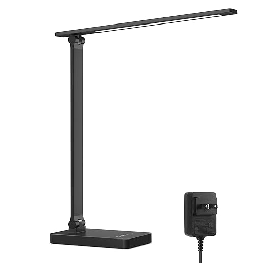 LED Desk Lamp with USB Charging Port, Dimmable Eye-Caring Reading Desk Light for Home, with 5 Brightness Level & 3 Lighting Modes, Touch Control, Auto Timer (Black)