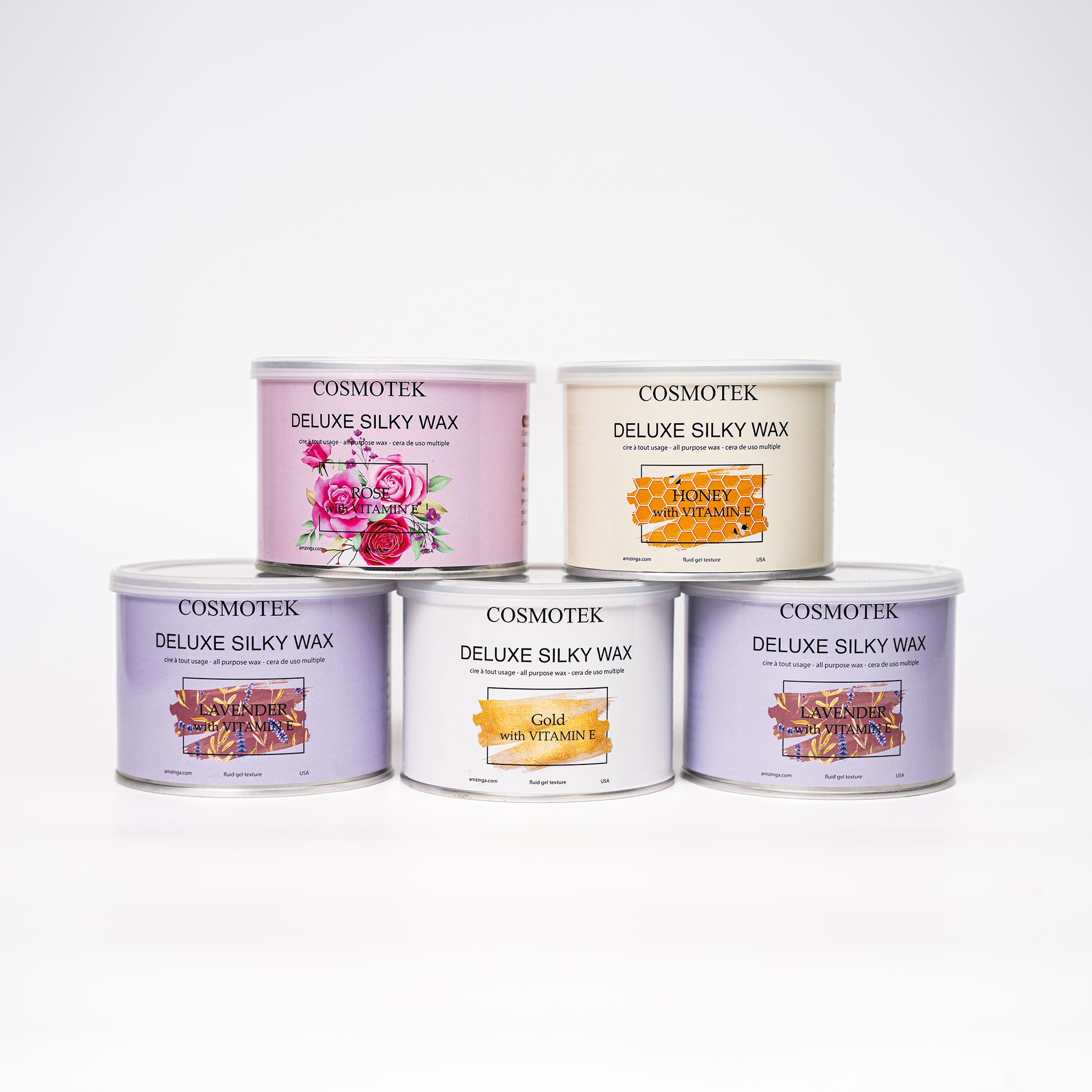 Pack of 5 VITAMIN E * Hair Removal Soft Wax , Thick to Coarse Hairs, Normal to Dry Skin, Men and Women, 14 oz – Strawberry, Honey, Gold, Lavender, Rose