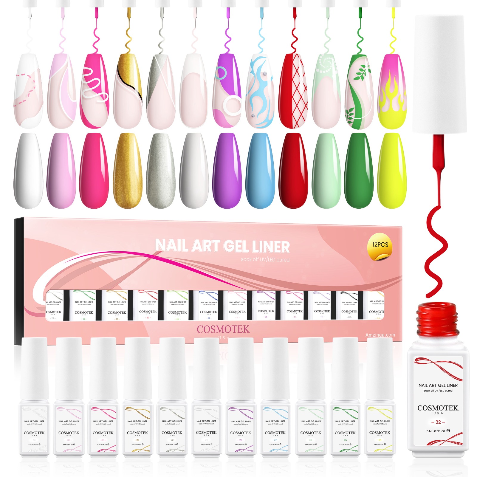 Gel Polish Nail Art Gel Liner Nail Polish Set Rainbow Pastel Gel Art Paint Swirl Nails Bright Girly Color Built Thin Nail Art Brush in Bottle Gel Soak Off Led Nail Gel Kit for Women Girls (12-04)
