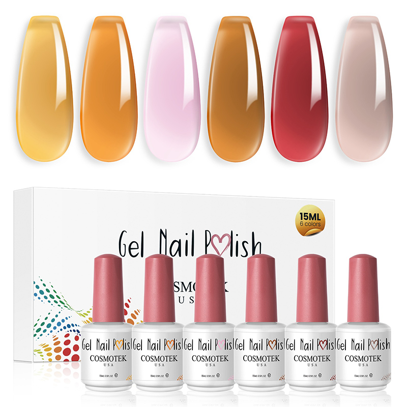 Jelly Gel Nail Polish Set Sheer Nude Gel Polish Crystal Transparent, red, orange, brown, pink nude, grey ... Gel Polish Kit Nail Art Varnish Manicure Collection Gift Set 15ML 6PCS - JG6-40