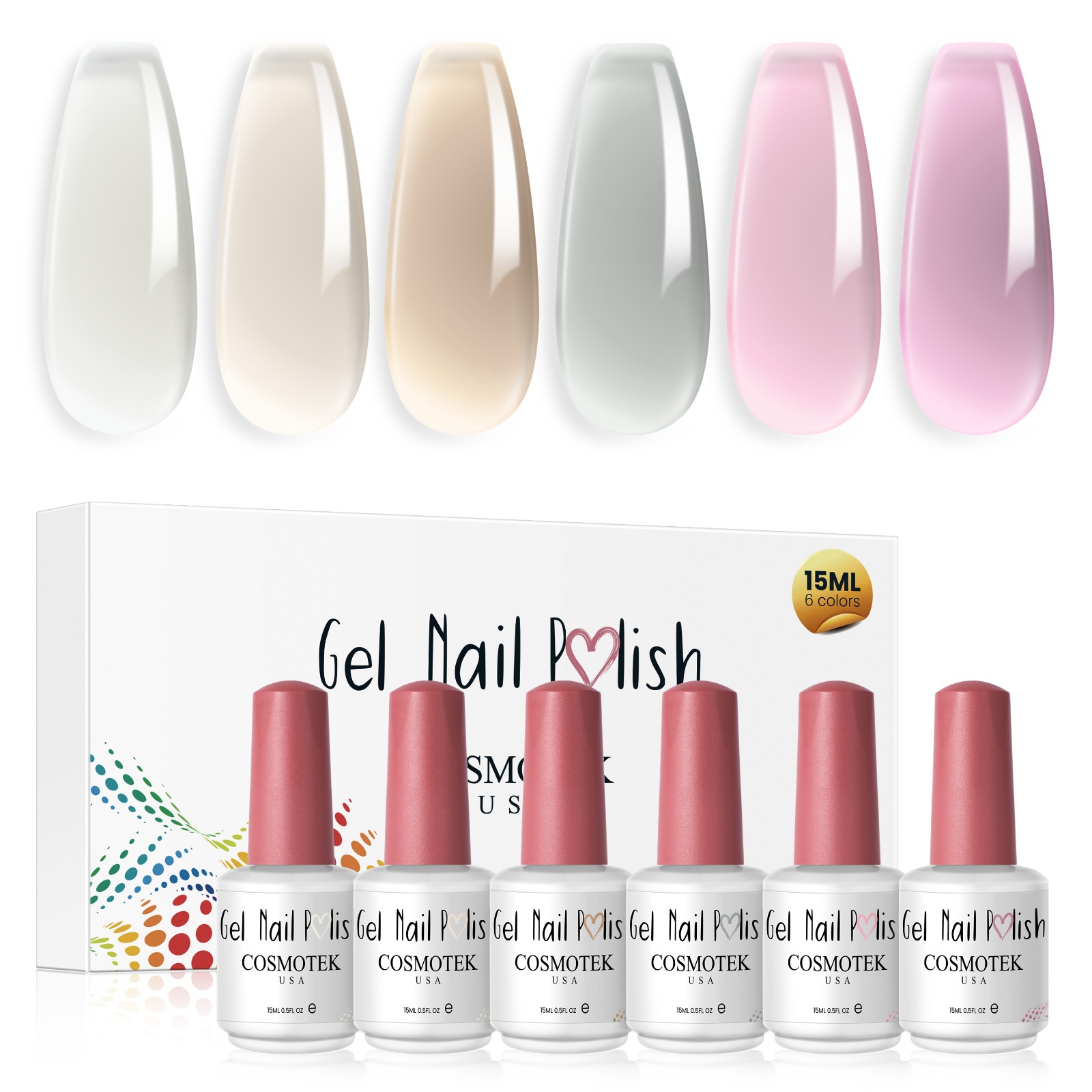 Jelly Gel Nail Polish Set of 6 Colors Nude Gel white, pink, grey... Polish Kit UV LED Soak Off Polish Home DIY Manicure Nail Salon Varnish 15ML - JG6-42