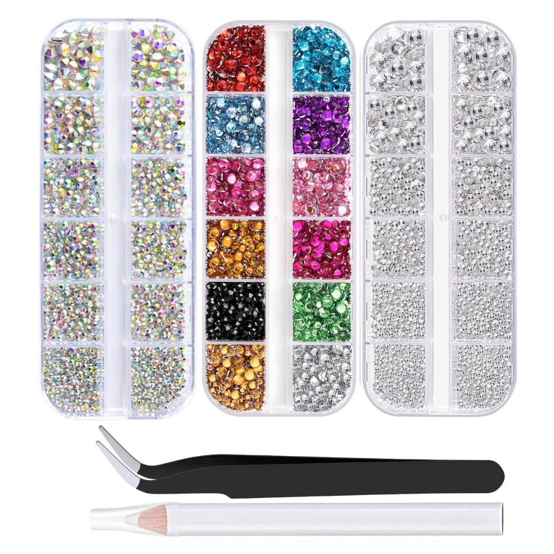 3 Packs of Flatback Rhinestones Rainbow Gems Crystal Nail Rhinestones for Crafting, Colorful+ AB+Transparent White Rhinestones for Bedazzling with Picker Tools for Nail Art and Face Makeup by Bonita Crown