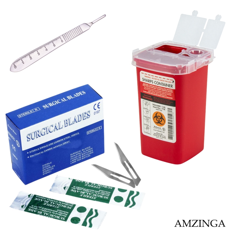 Dermaplane Kit - Sharps Container and Surgical Blades with Stainless Steel Scalpel Handle, High Carbon Steel Dermablade Blades Individually Wrapped Sterile for Dermaplaining, Podiatry, Crafts
