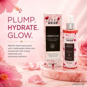 Douce Brise Plump + Glow Hibiscus Facial Mist – Refreshing Hydration Spray with Rose Extract, Niacinamide & Hyaluronic Acid – Hydrating Face Toner, Makeup Setting Spray & Daytime Refresher for Glowing Skin (250ml)
