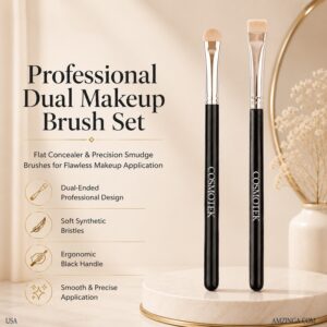 COSMOTEK Dual Makeup Brush Set – Flat Concealer & Precision Smudge Brushes – Professional Cosmetic Brushes for Eyeshadow, Cut Crease, Brow & Concealer Application – Soft Bristles, Black Handle Design