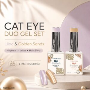 Cosmotek Cat Eye Duo Gel Set – Lilac & Golden Sands (CTK-D08) – Premium Magnetic Gel Polish with Lavender Mist & Warm Gold Shimmer, Velvet & Halo Effect, Soak-Off Nail Art Kit (2 x 15ml)