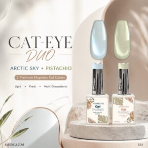 Cosmotek Cat Eye Duo Gel Set – Arctic Sky & Pistachio (CTK-D07) – Premium Magnetic Gel Polish with Light Blue & Pale Mint Shimmer, Velvet & Halo Effect, Soak-Off Nail Art Kit (2 x 15ml)