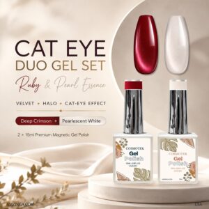 Cosmotek Cat Eye Duo Gel Set – Ruby & Pearl Essence (CTK-D01) – Premium Magnetic Gel Polish with Deep Crimson & Pearlescent Shimmer, Velvet & Halo Effect, Soak-Off Nail Art Kit (2 x 15ml)