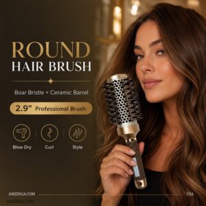 Round Hair Brush with Boar Bristle – Ionic Tech Ceramic Professional Barrel Brush for Blow Drying, Curling & Styling (2.9 Inch) – Anti-Static, Frizz Control, Volumizing for All Hair Types