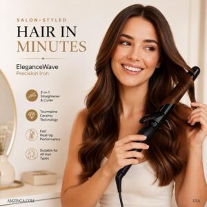 EleganceWave Precision Iron (1" & 1.25") – High-Performance Ceramic Salon Styling Tool – 2-in-1 Hair Straightener & Curler with Tourmaline Ceramic Plates – Negative Ion Technology for Frizz Control, Shine & Smooth Results – Adjustable Temperature 275°F-450°F, Fast Heat-Up, Dual Voltage – 360° Swivel Cord, Auto Shut-Off, Floating Plates for All Hair Types – Professional Salon Results at Home, Travel Ready – Gift for Her, Hair Stylist Essential