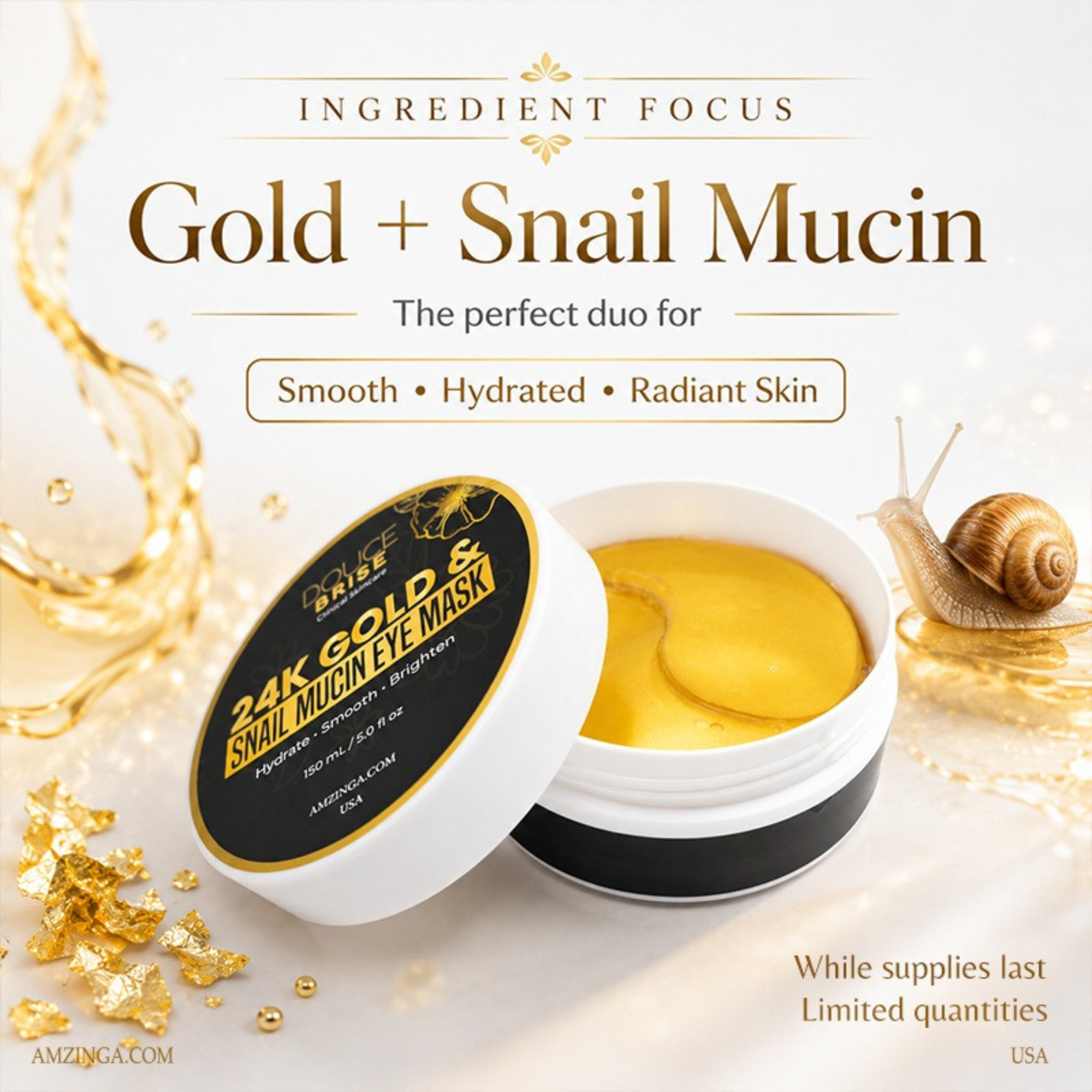 DOUCE BRISE 24K Gold Snail Mucin Eye Mask – Under Eye Patches for Dark Circles, Puffy Eyes, Fine Lines, Hydrating & Brightening Skincare