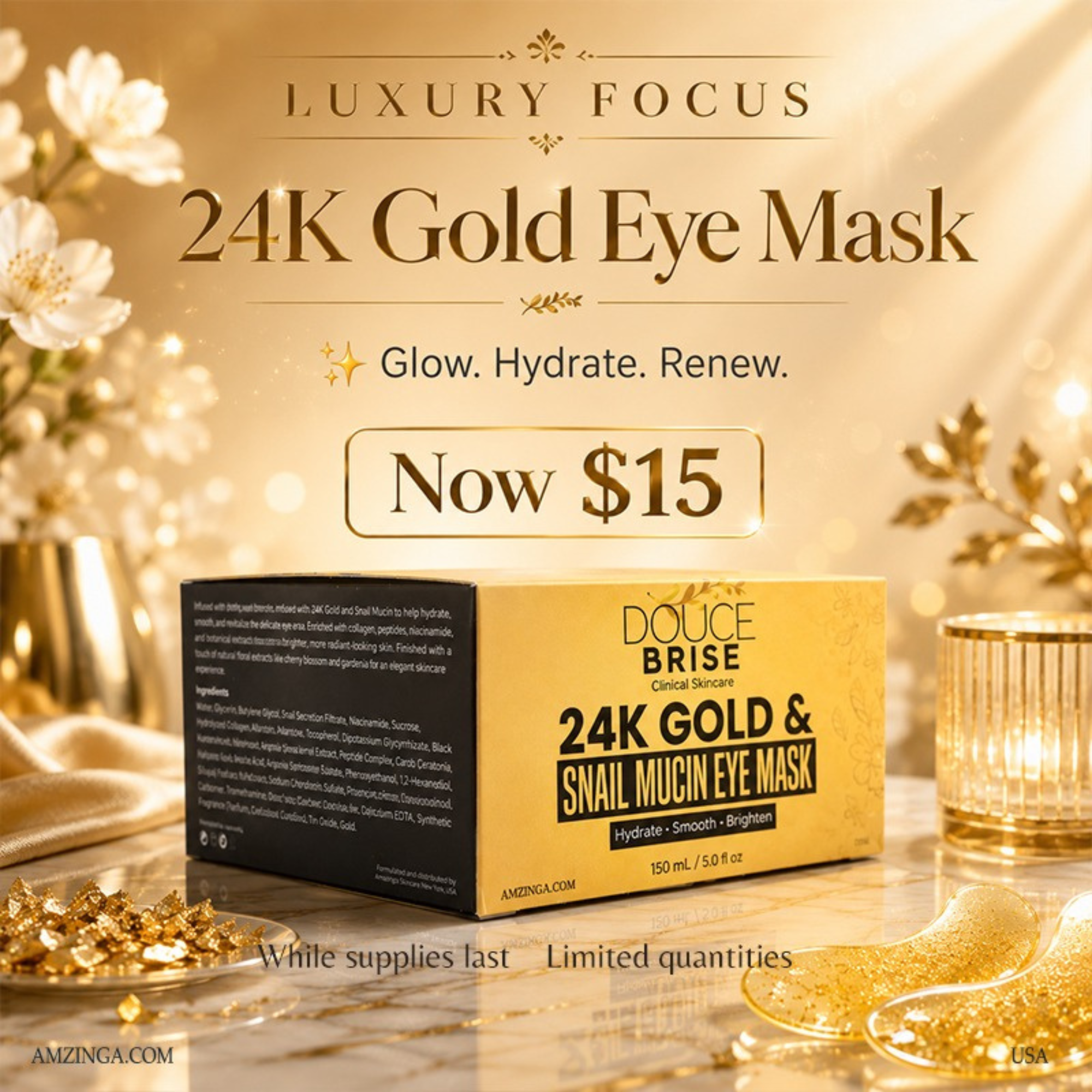 DOUCE BRISE 24K Gold Snail Mucin Eye Mask – Under Eye Patches for Dark Circles, Puffy Eyes, Fine Lines, Hydrating & Brightening Skincare